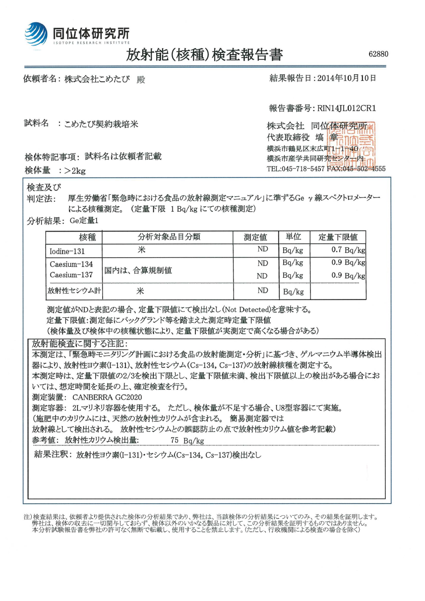 26年産こめたび契約栽培米(金澤一男さん･伊藤茂光さん･伊藤春光さん合算)の放射能検査結果